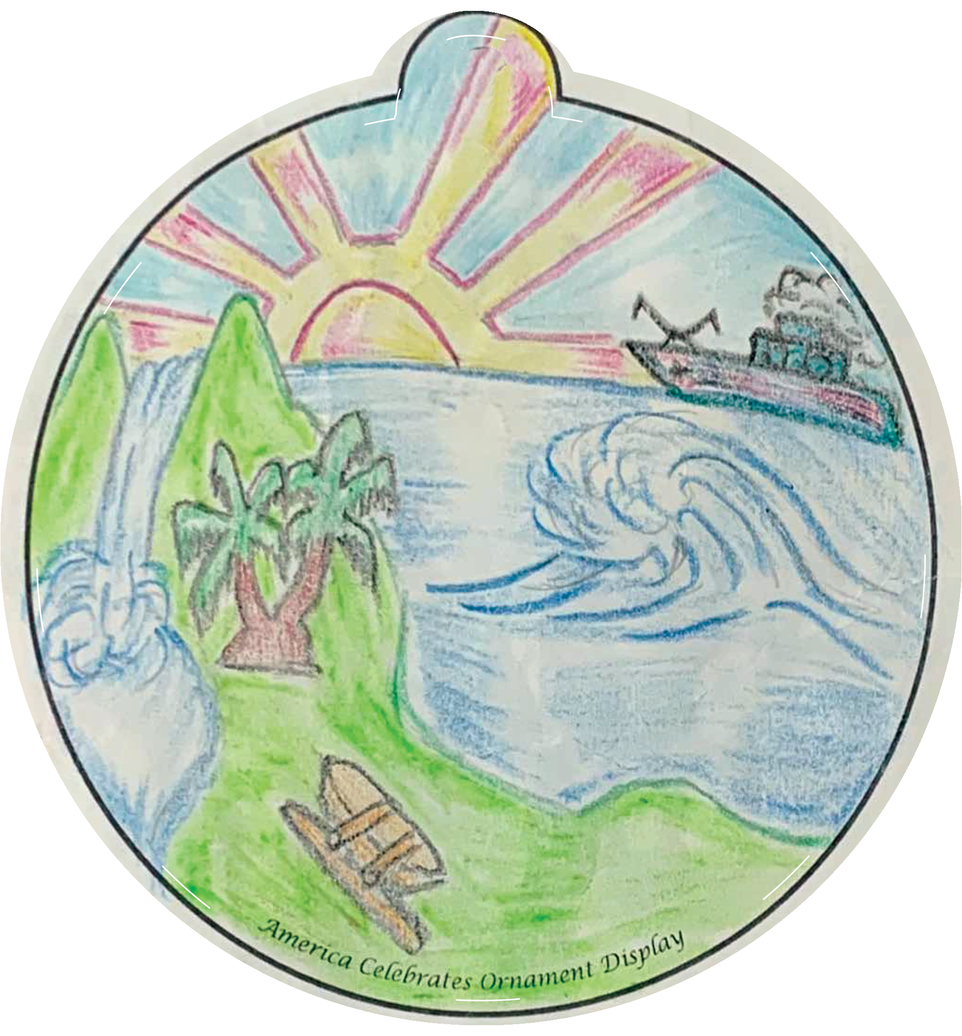 Ornament depicting a beach and a boat and sunrise in the distance