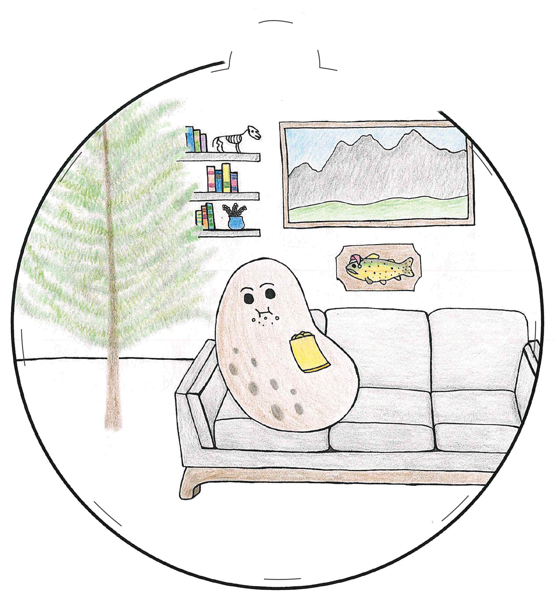 Ornament depicting a potato lounging on a couch