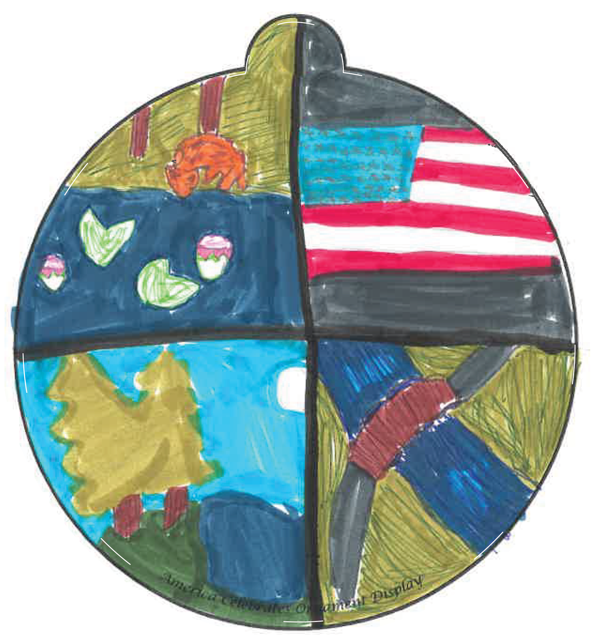 Ornament depicting a river, a forest, a lakeside, and an American flag