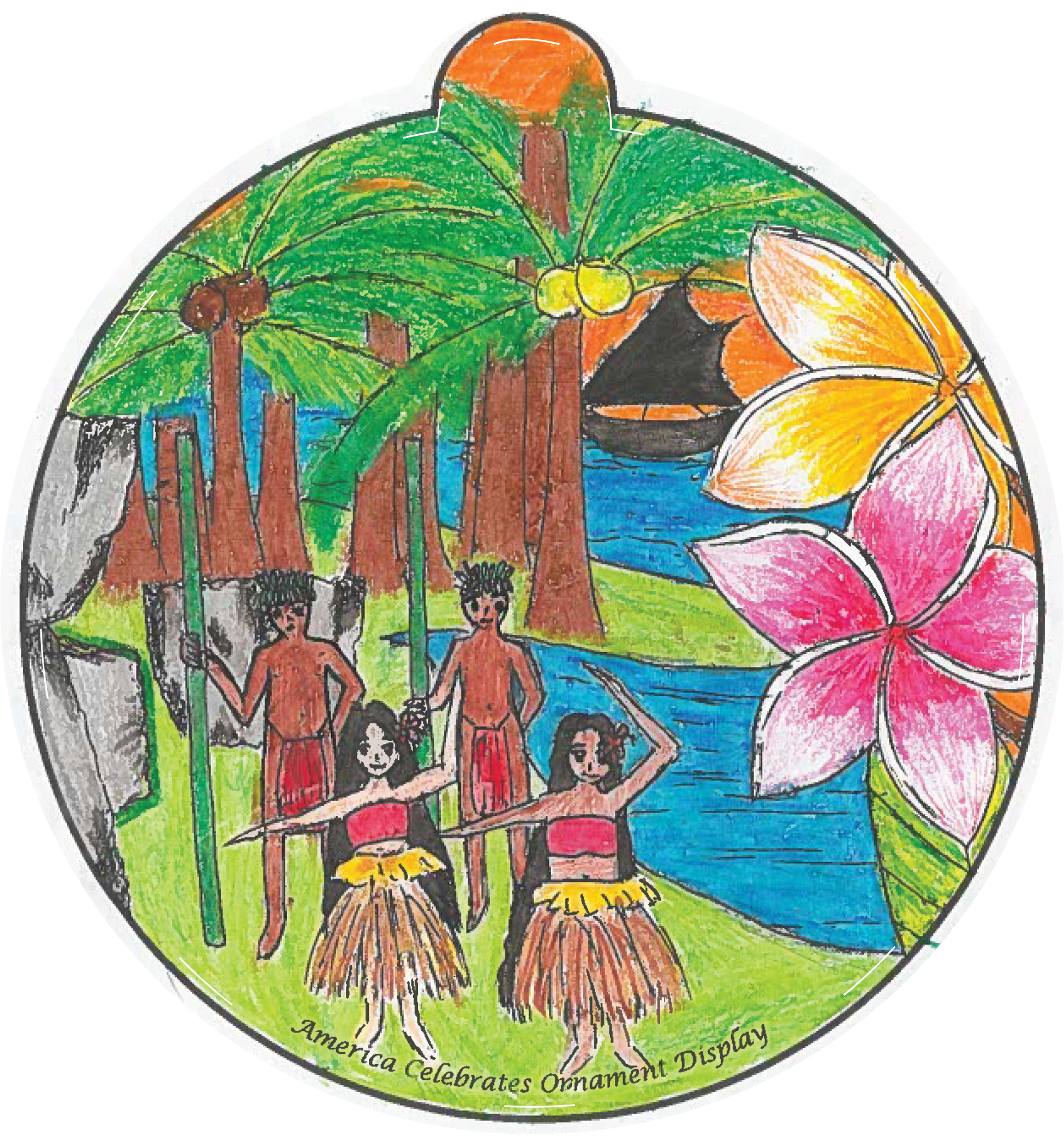 Ornament depicting people dancing in a tropical climate