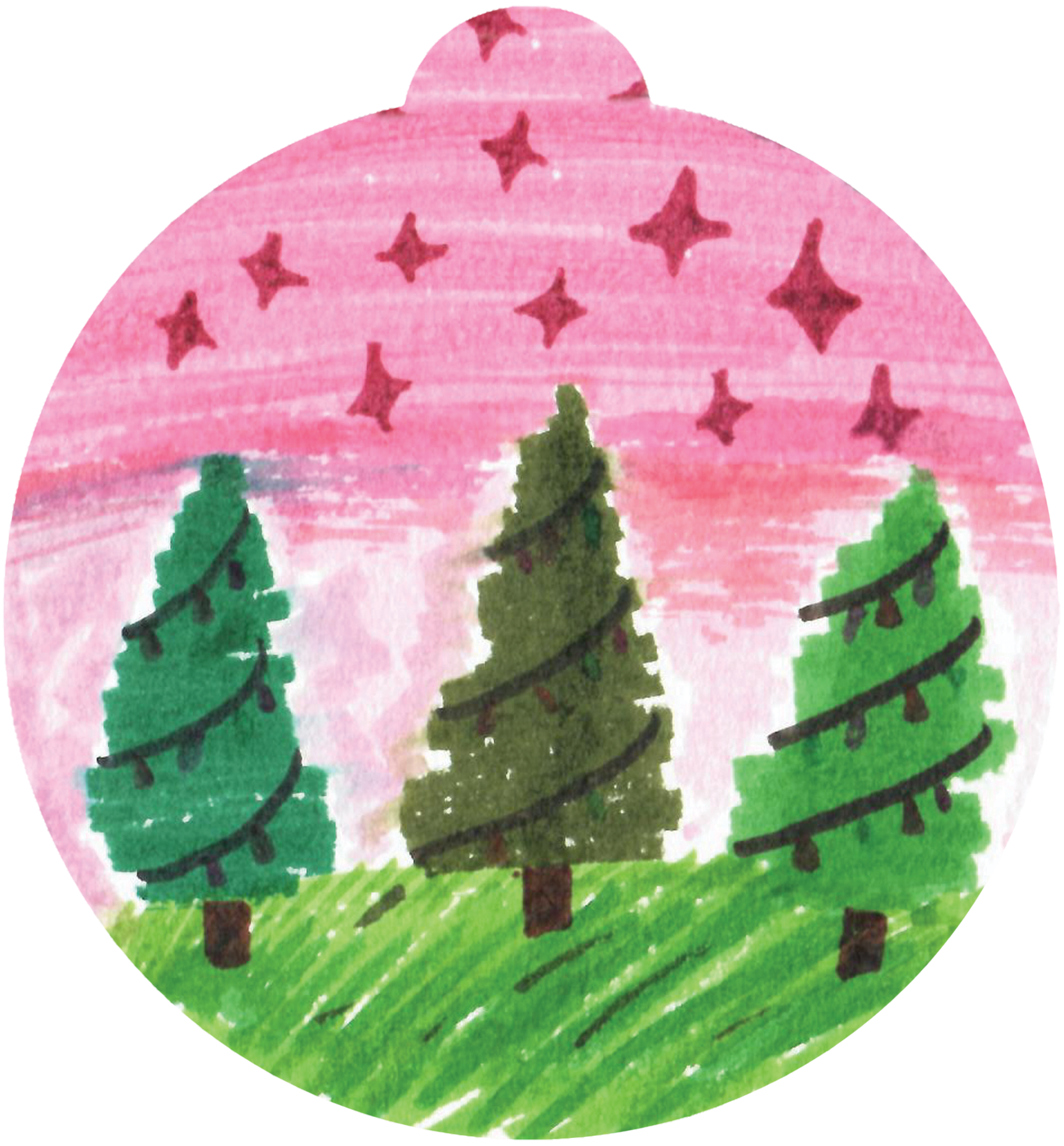 ornament depicting evergreen trees, strung with lights, against a pink starry sky