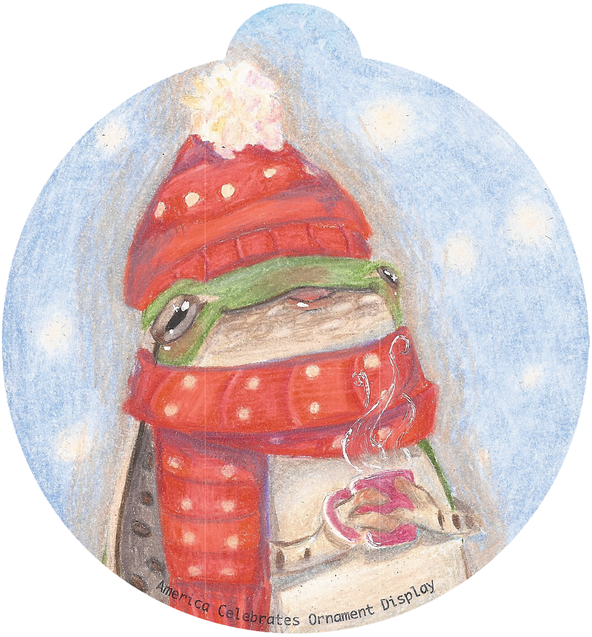 ornament depicting a frog in winter garb clutching a mug of hot beverage