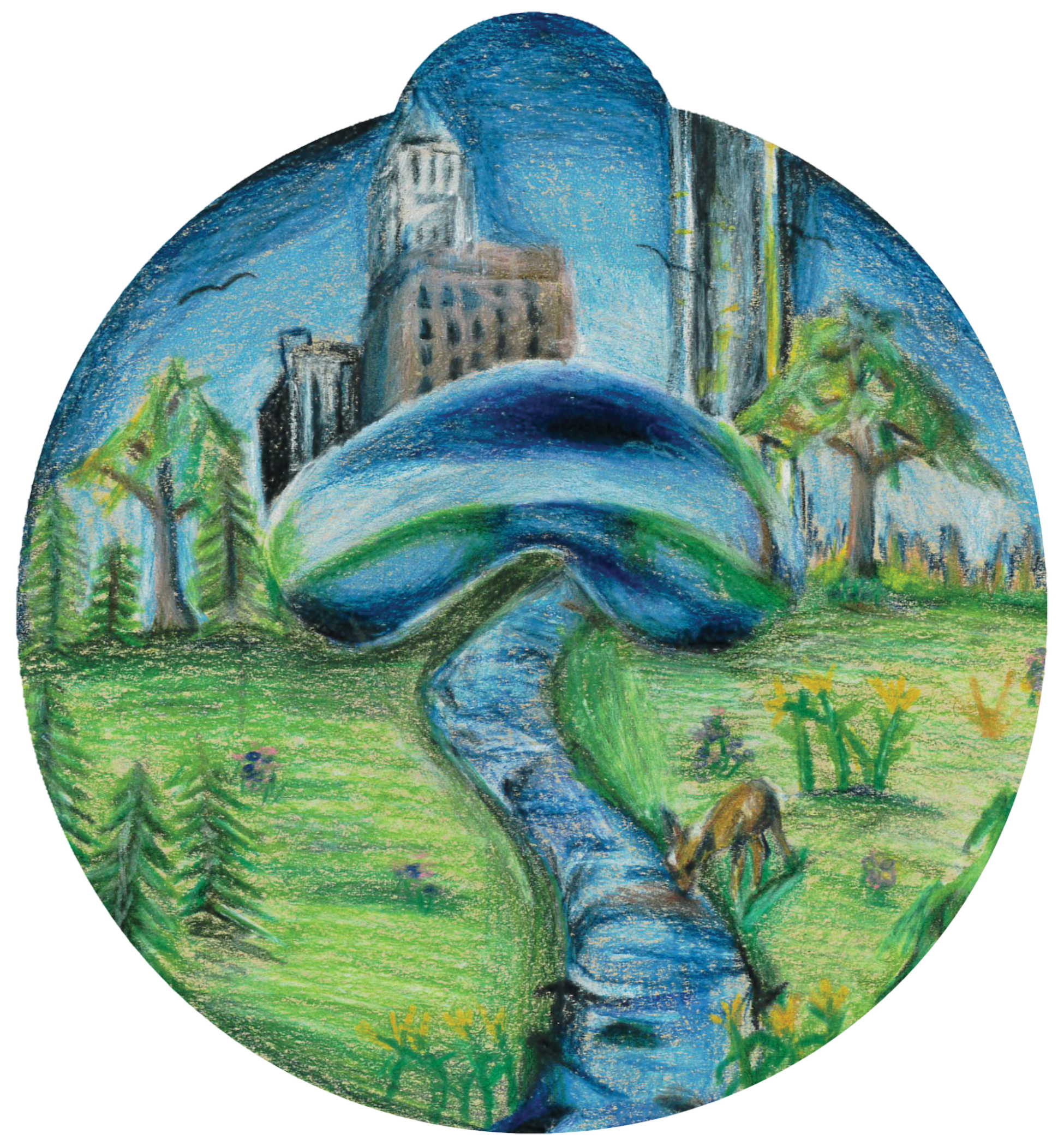 ornament depicting a river running under a silver bean, set against the backdrop of the Chicago skyline