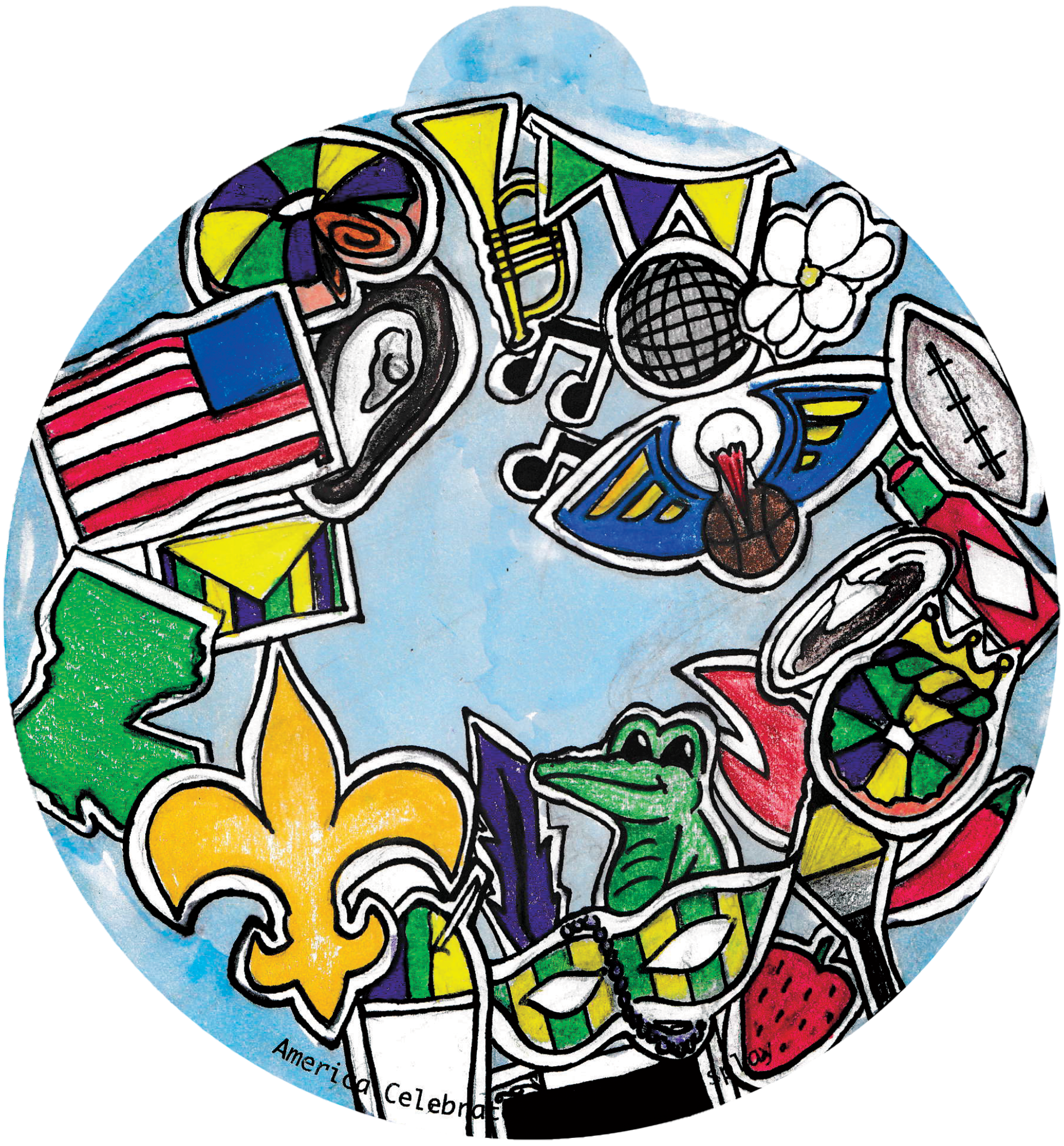ornament depicting many various symbols of Louisiana, including an alligator, a fleur de lis, a king cake, music notes, and a football