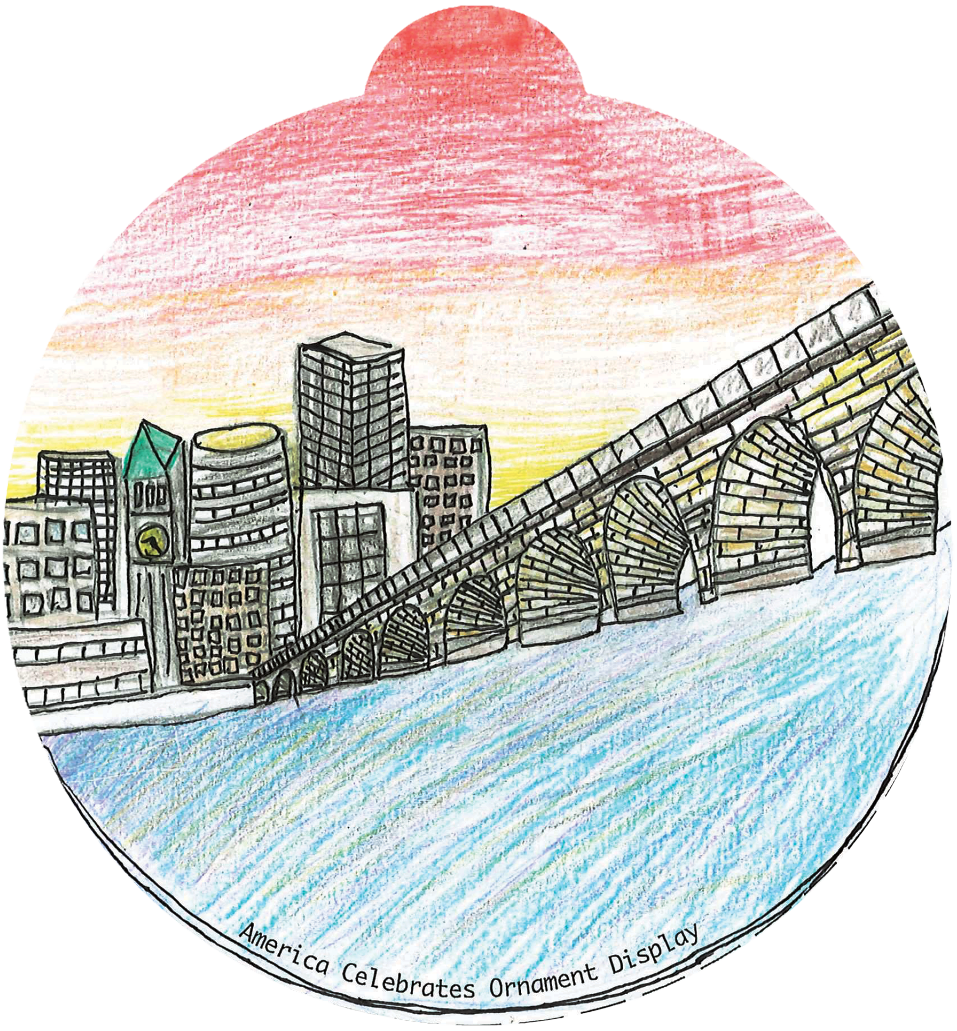 Ornament depicting a bridge over water stretching towards a city skyline