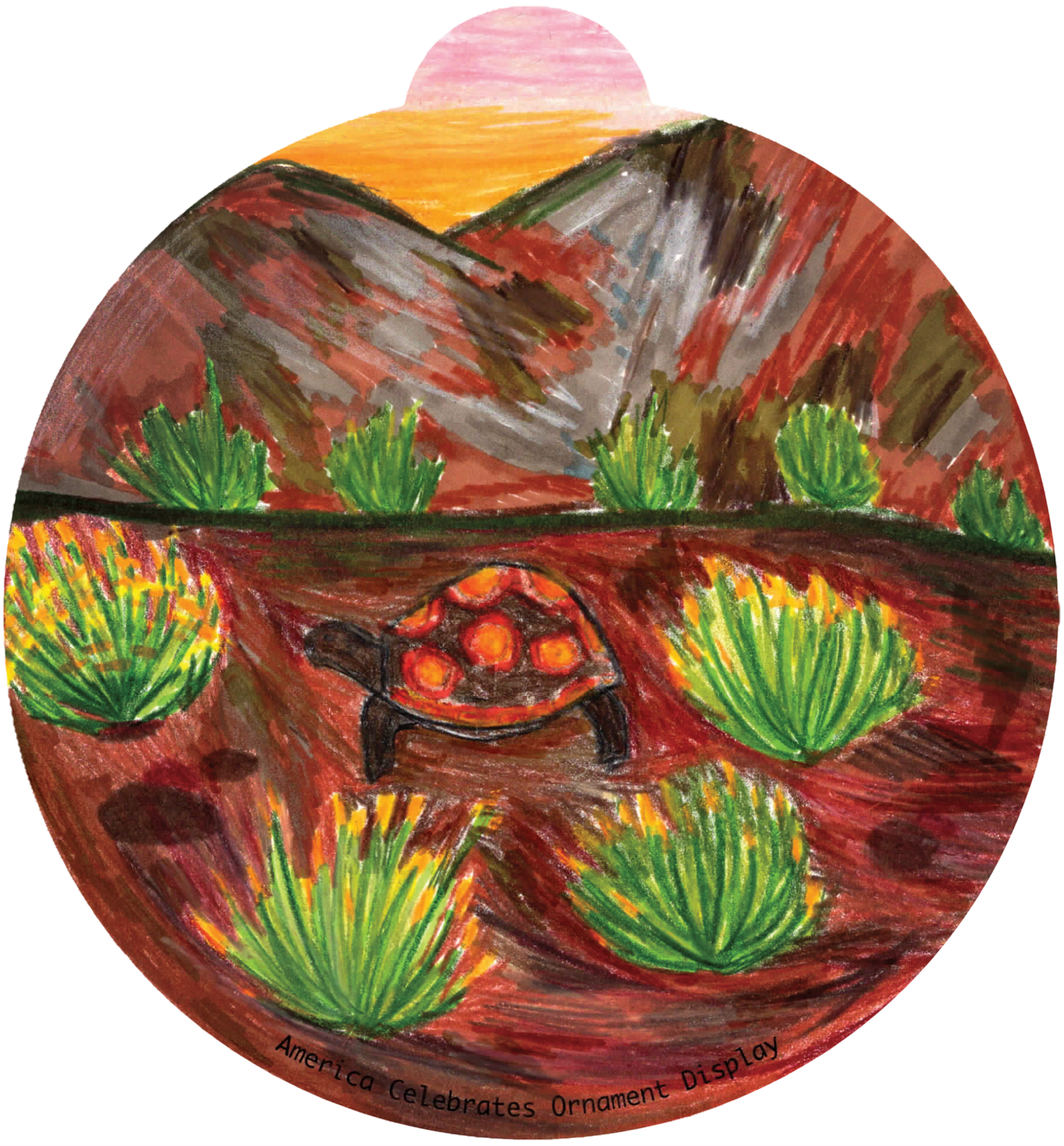 ornament depicting a turtle walking along bunches of cacti in a desert