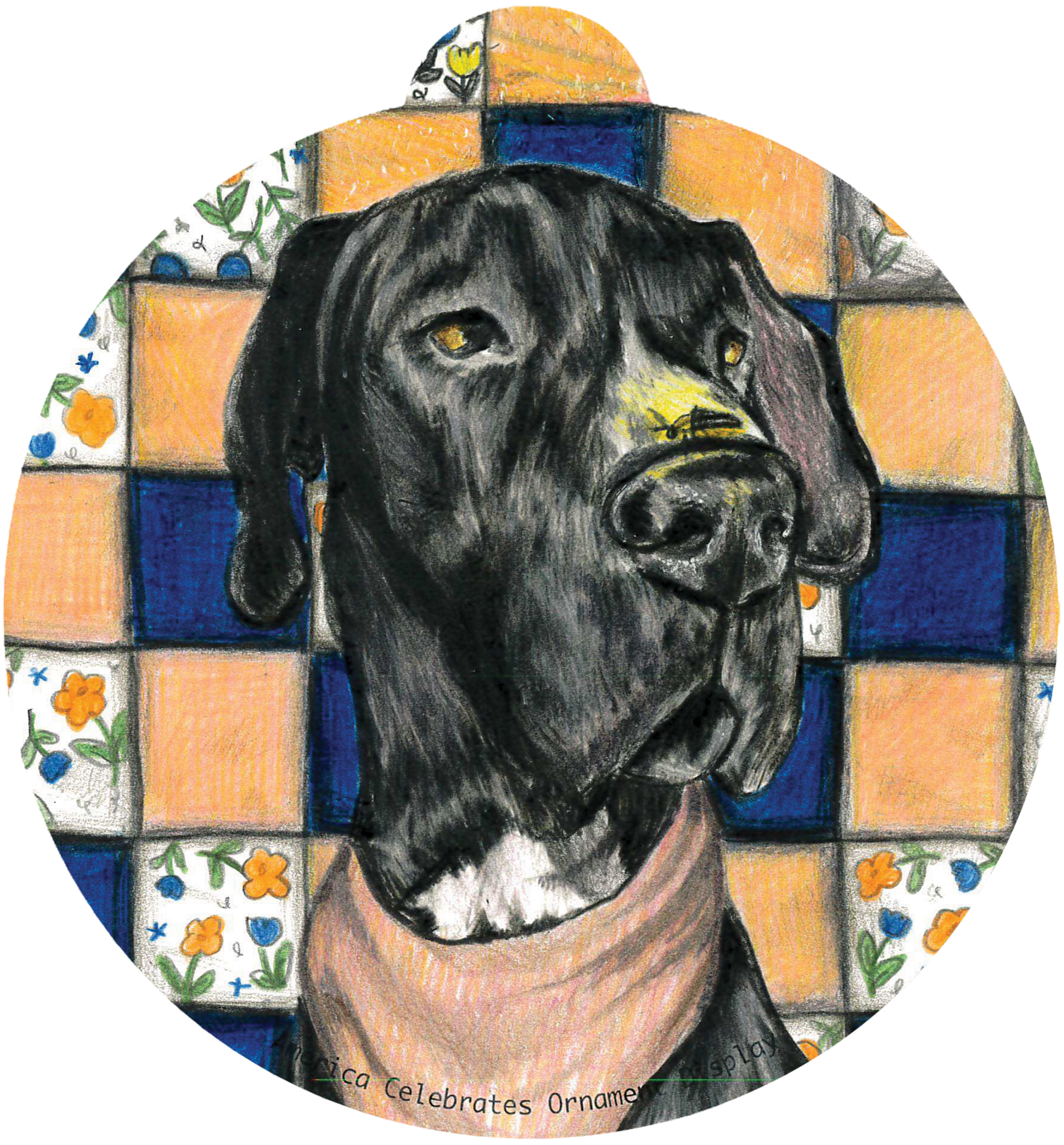 ornament depicting a black hound dog against a quilted background
