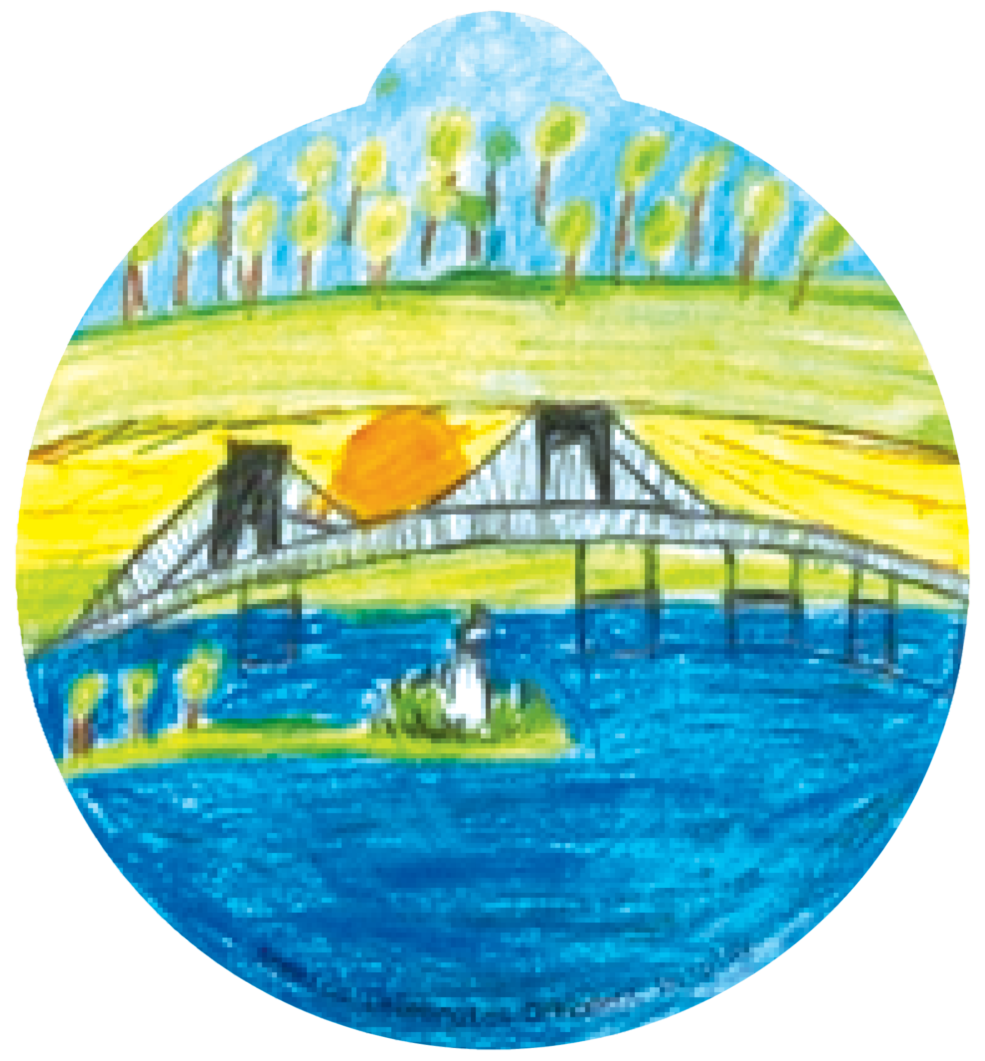 ornament depicting fields, a bridge over water