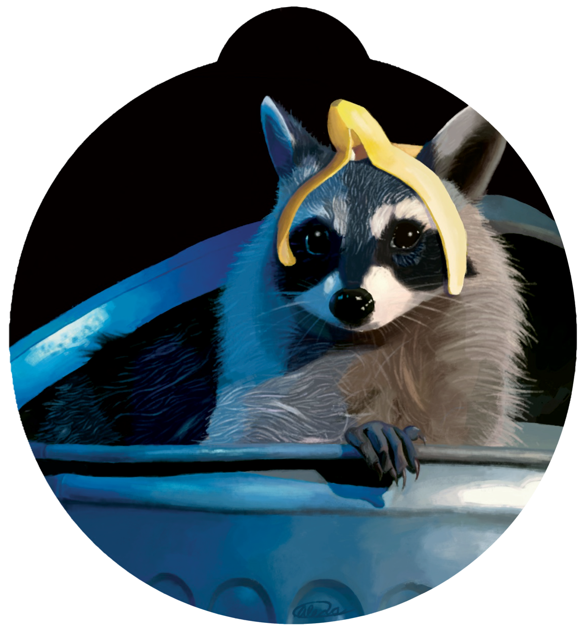 ornament depicting a raccoon with a banana peel on its head