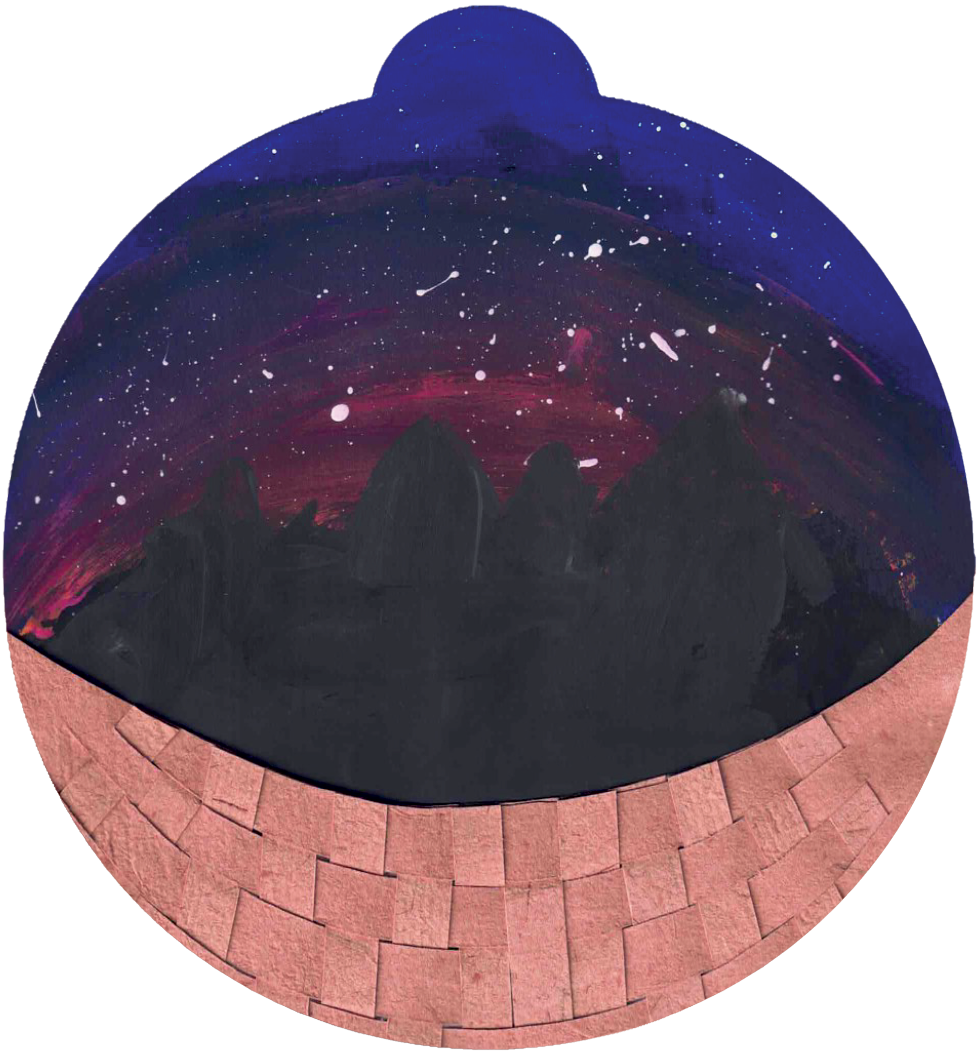 ornament depicting a night sky against mountaintops; at the bottom of the ornament is a woven basket