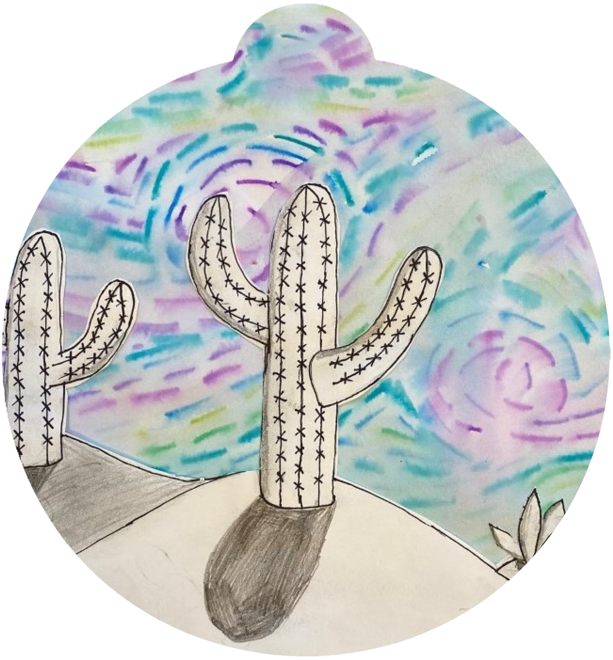 ornament depicting cacti in greyscale, against a swirling sky of blues and purples