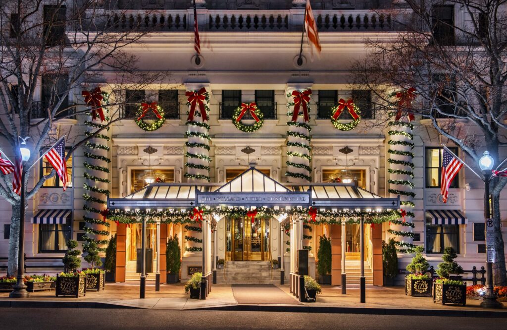 The exterior of the Willard InterContinental hotel, decorated for the holidays